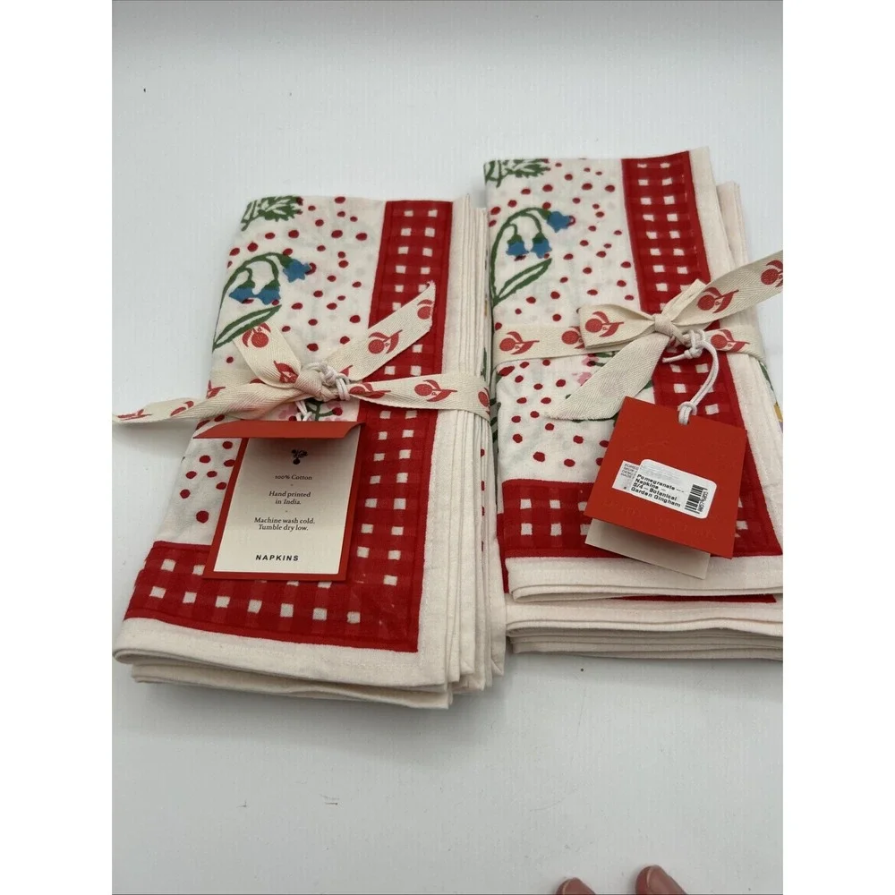 Pomegranate Cotton Napkins 20x20 Green Vines Geometric Hand Block Print 8 Pack